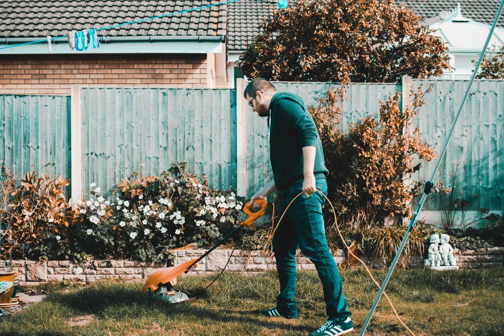 Person trimming the grass line along a timber paling fence in a suburban back garden with shrubs and a brick house behind